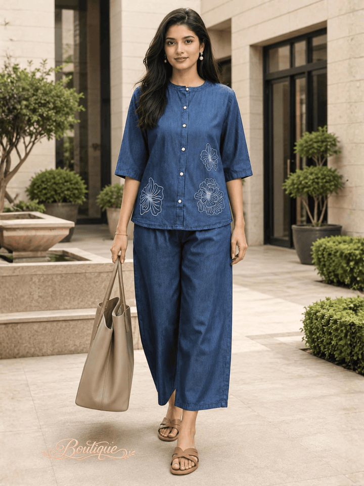Light Blue Denim Co Ord Set for Women with Floral Design