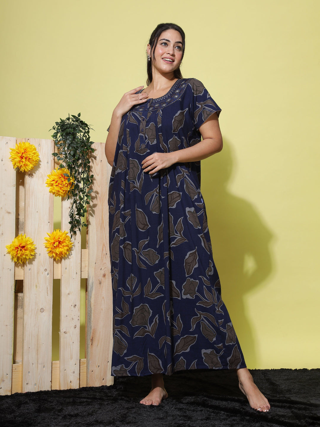 Floral Embroidered Dark Blue Crush Cotton Front Open Nighty