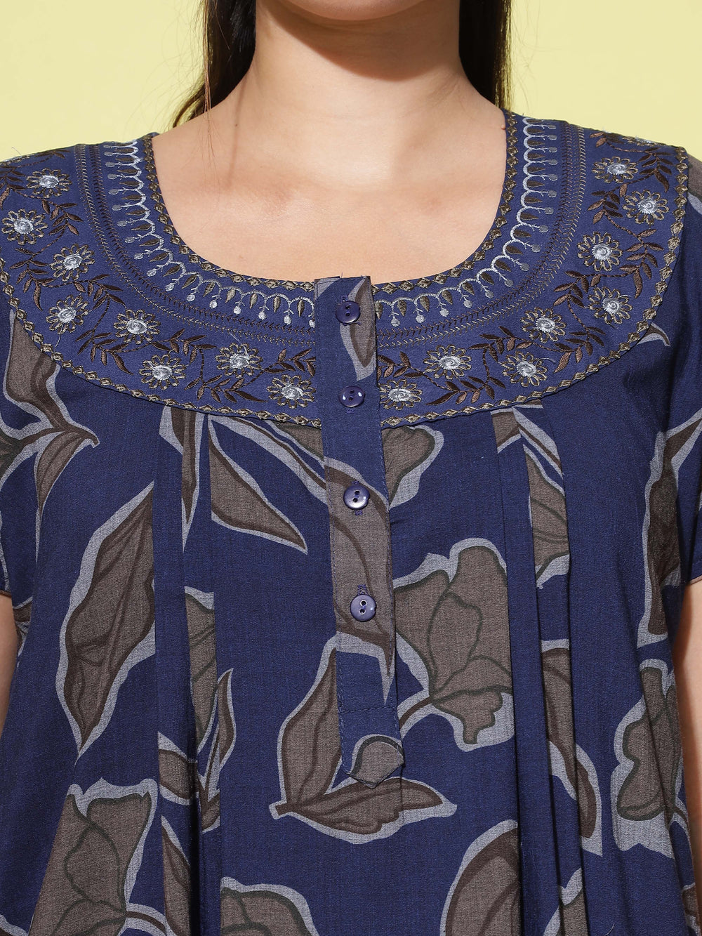 Floral Embroidered Dark Blue Crush Cotton Front Open Nighty