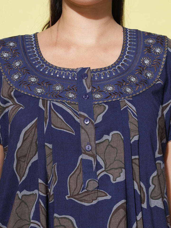 Floral Embroidered Dark Blue Crush Cotton Front Open Nighty