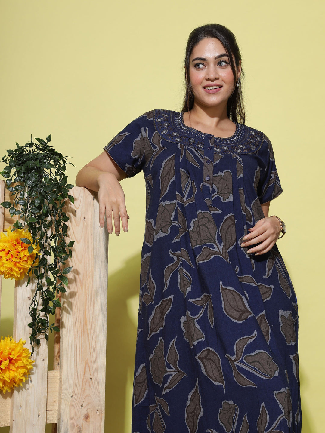 Floral Embroidered Dark Blue Crush Cotton Front Open Nighty