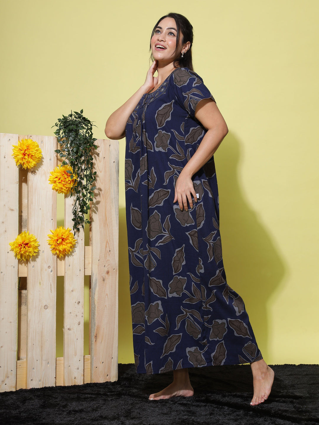 Floral Embroidered Dark Blue Crush Cotton Front Open Nighty
