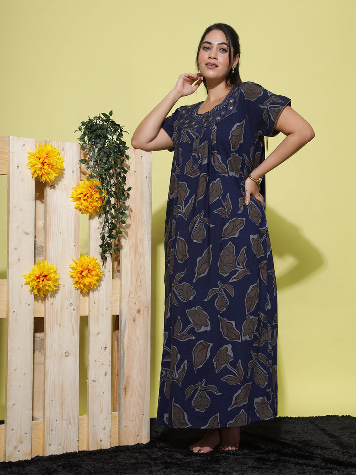 Floral Embroidered Dark Blue Crush Cotton Front Open Nighty