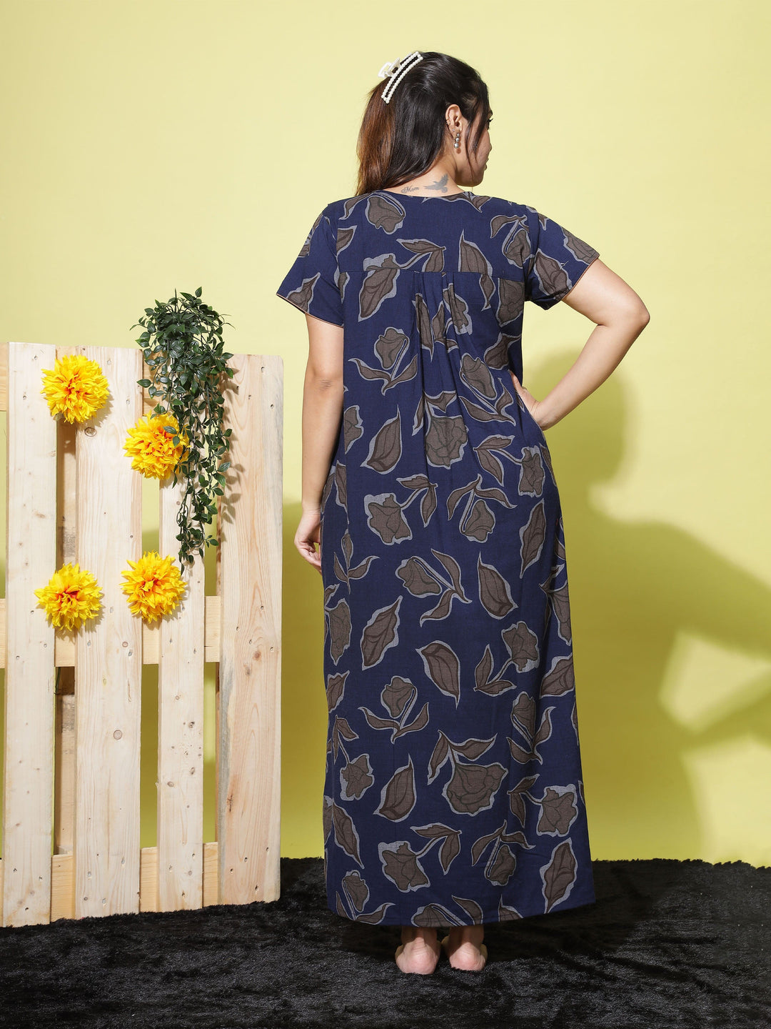 Floral Embroidered Dark Blue Crush Cotton Front Open Nighty