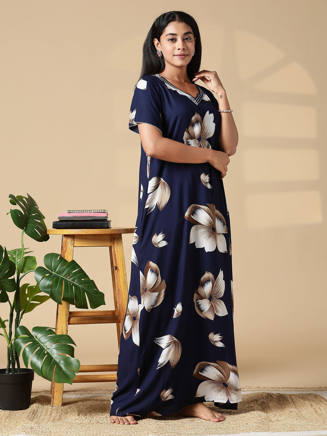 Dark Blue Rayon Fabric - Floral Nighty for Women with Pocket