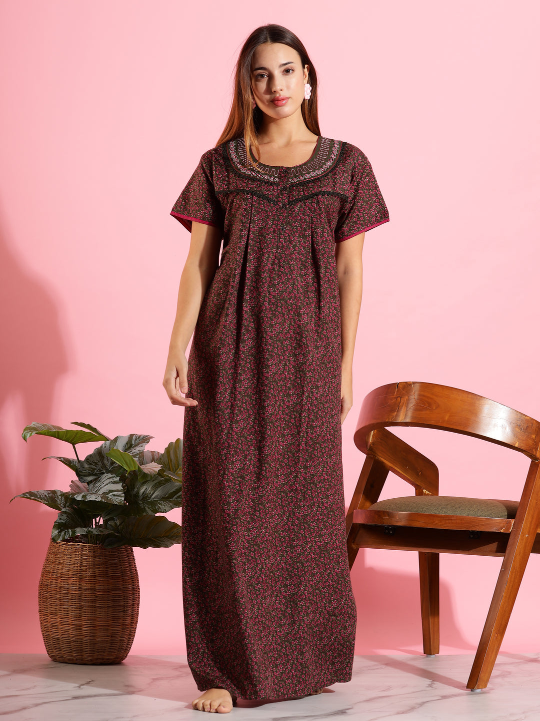 Stylish Floral Dark Green Front Open Nighty For Women
