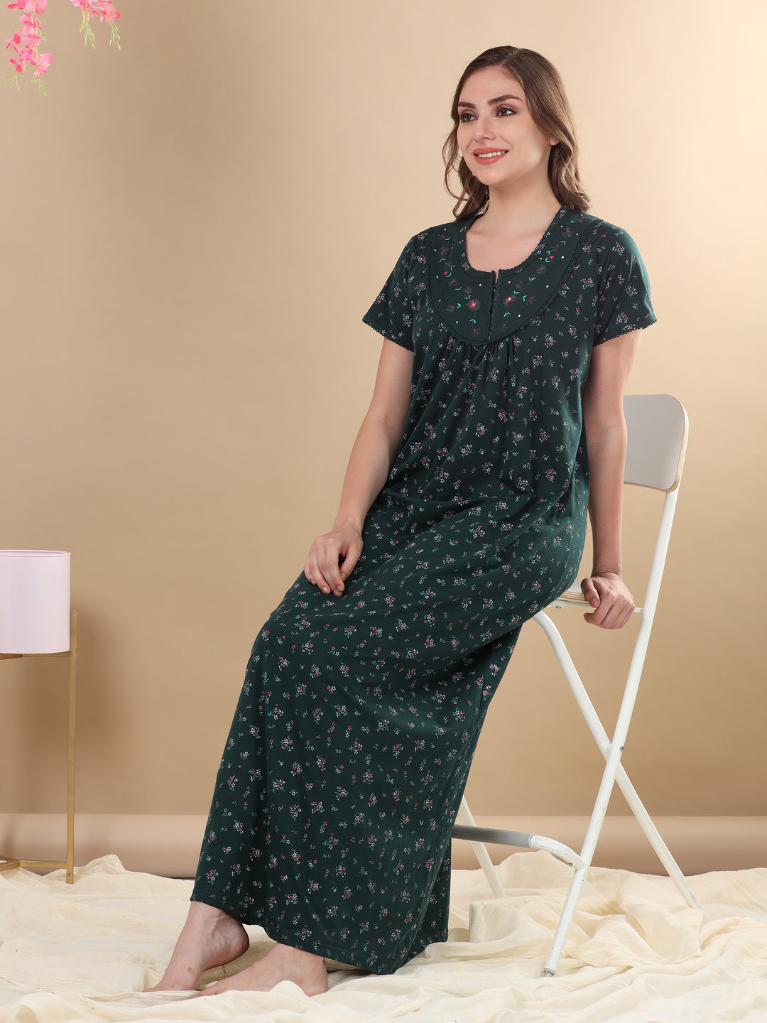 Embroidred Dark Green Front Open Nighty for Women