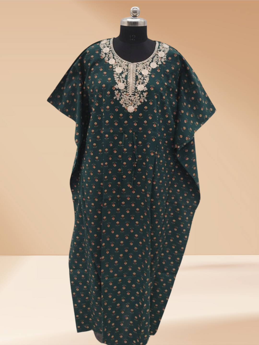 Dark Green Cotton Kaftan Nightdress for Women