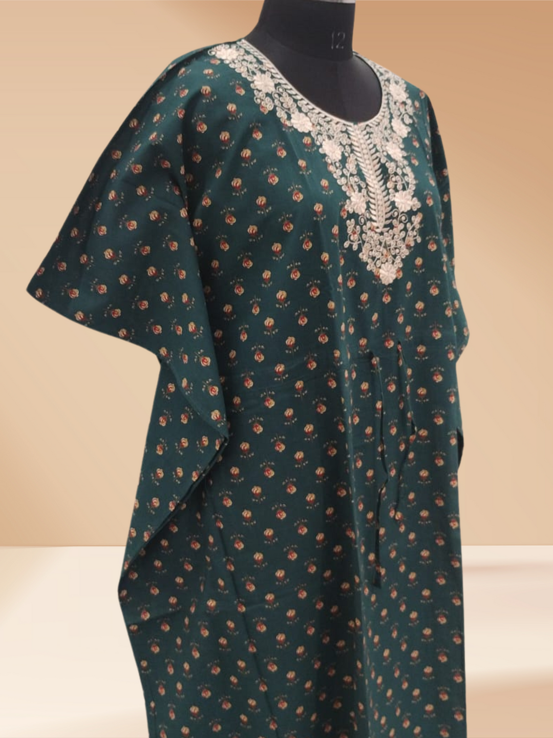 Dark Green Cotton Kaftan Nightdress for Women