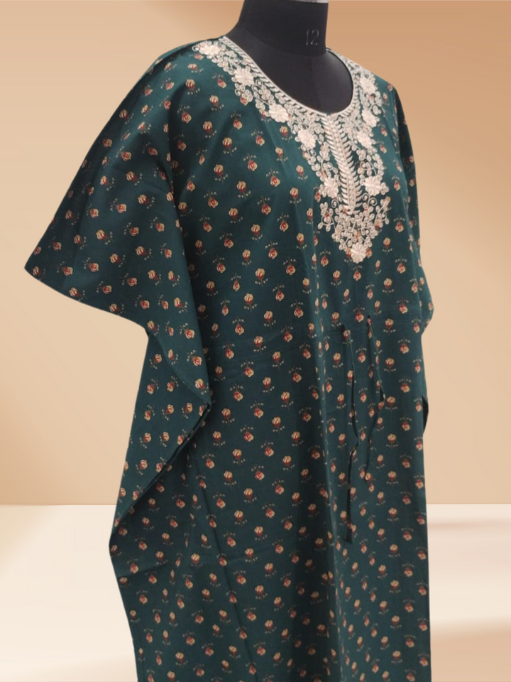 Dark Green Cotton Kaftan Nightdress for Women