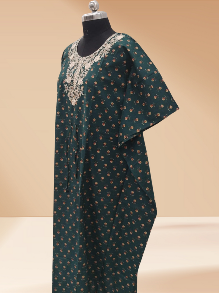 Dark Green Cotton Kaftan Nightdress for Women