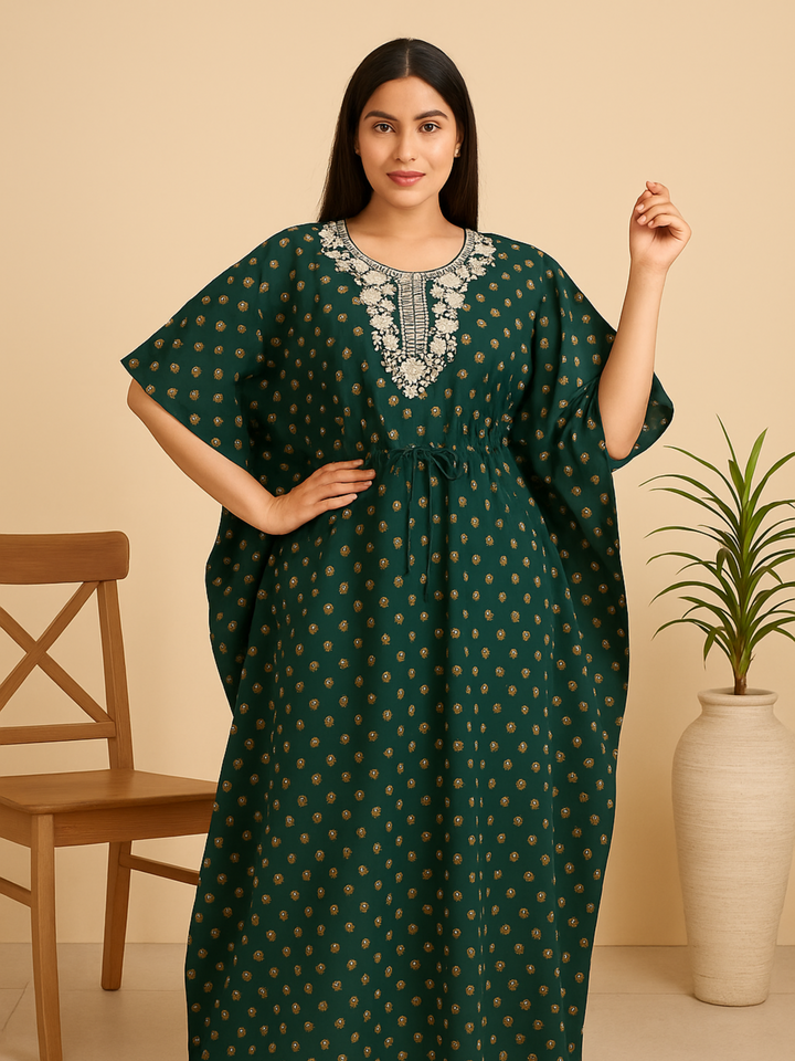Dark Green Cotton Kaftan Nightdress for Women