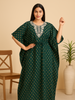 Dark Green Embroidered Cotton Kaftan Nighty for Women