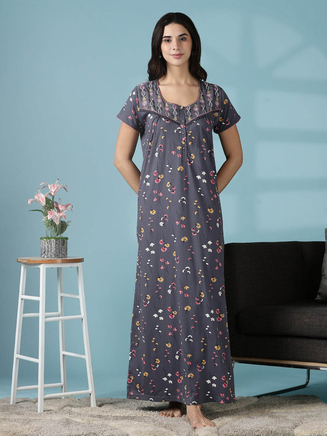 Dark Grey Hosiery Cotton Embroidered Nighty for Women