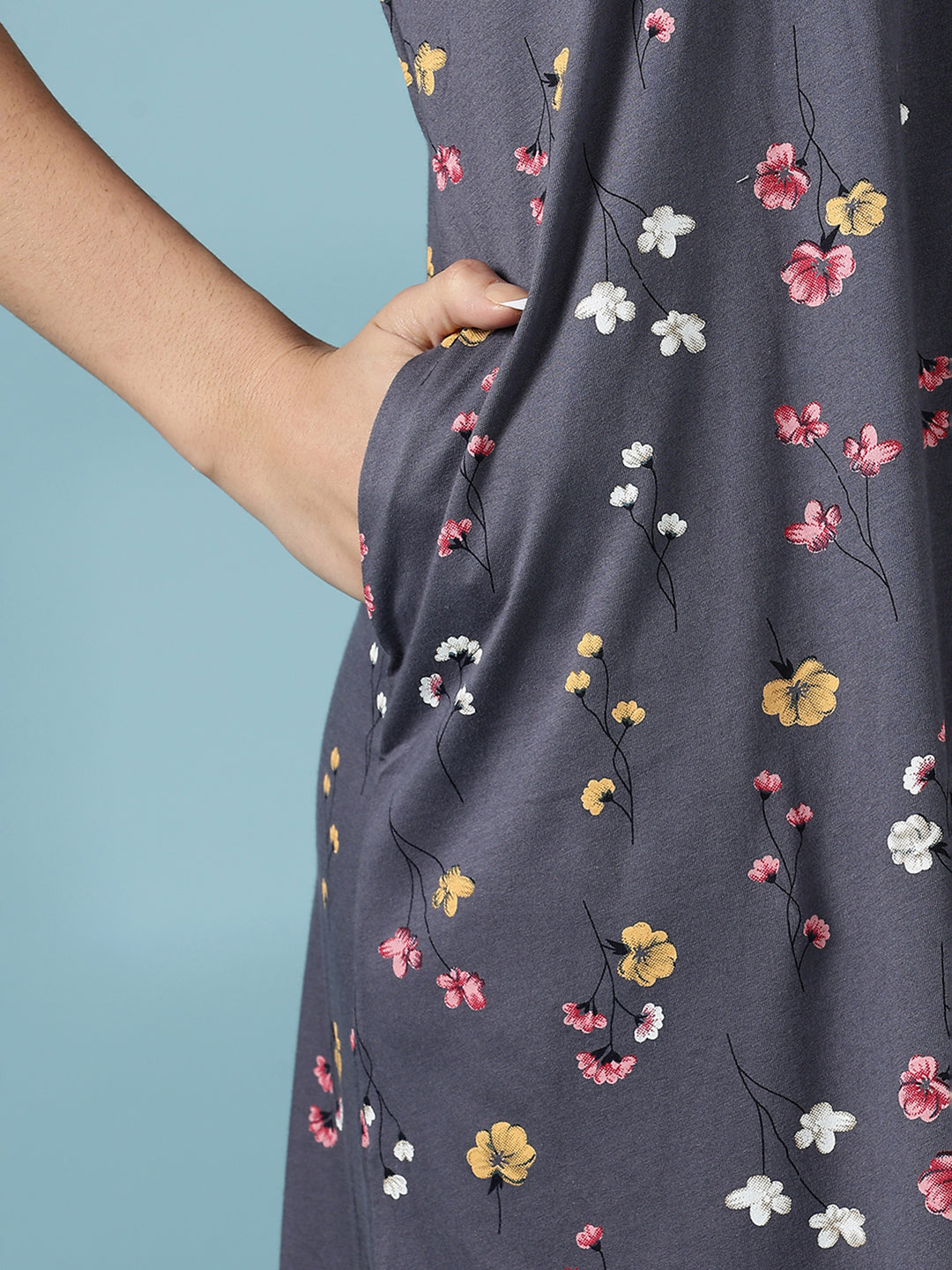 Dark Grey Hosiery Cotton Embroidered Nighty for Women