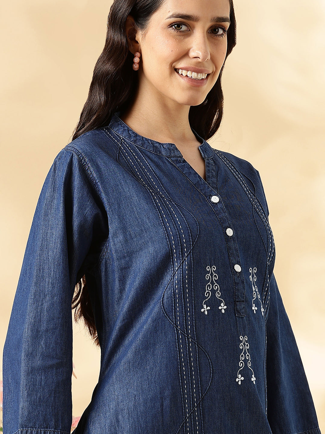 Deep Blue Denim Cozy Cotton Nighty For Women with Embroidery