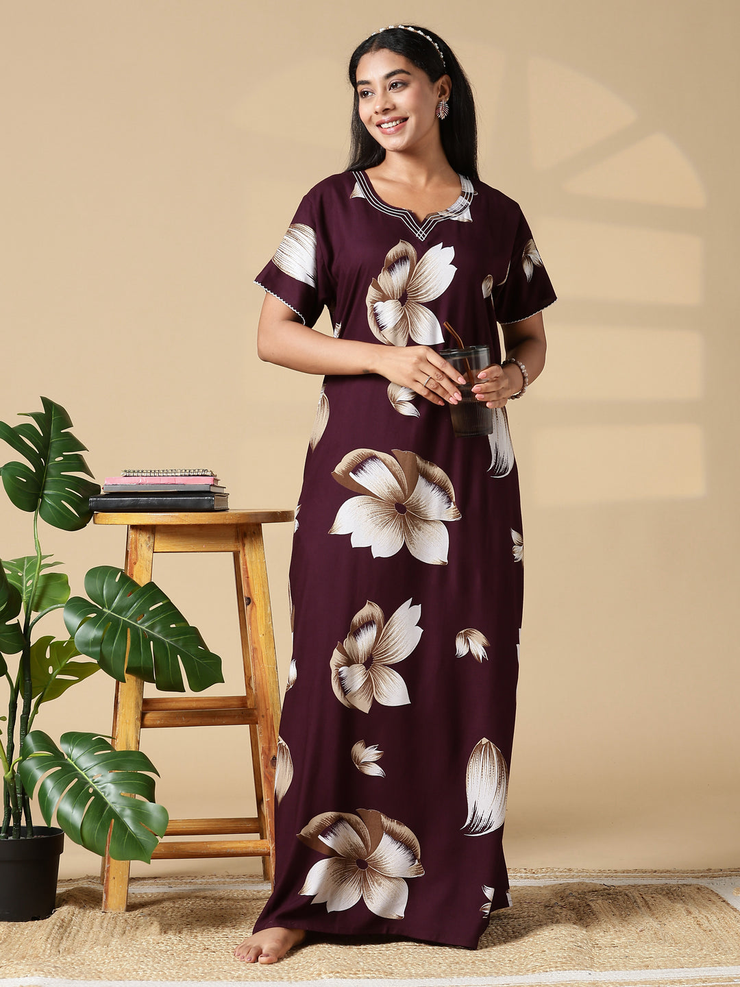 Deep Maroon Rayon Fabric Best Floral Nighty for Women