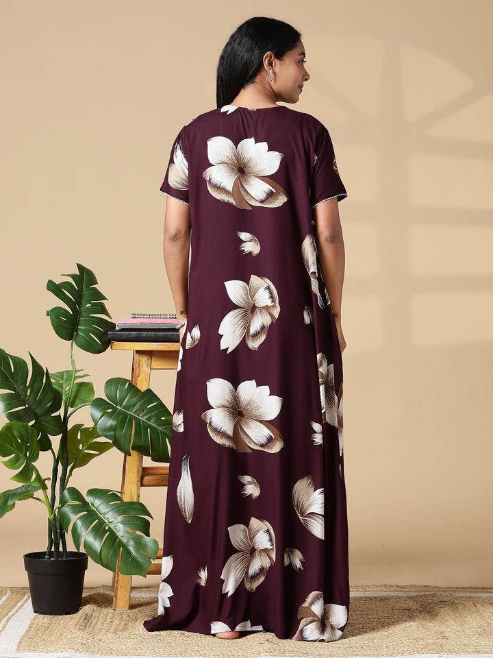 Deep Maroon Rayon Fabric Best Floral Nighty for Women