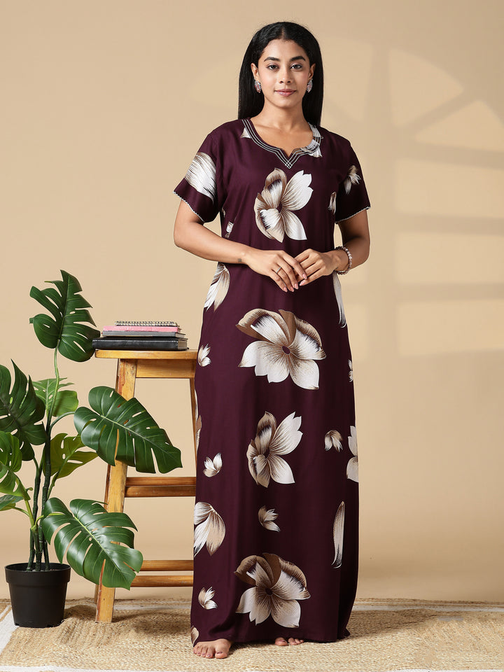 Deep Maroon Rayon Fabric Best Floral Nighty for Women