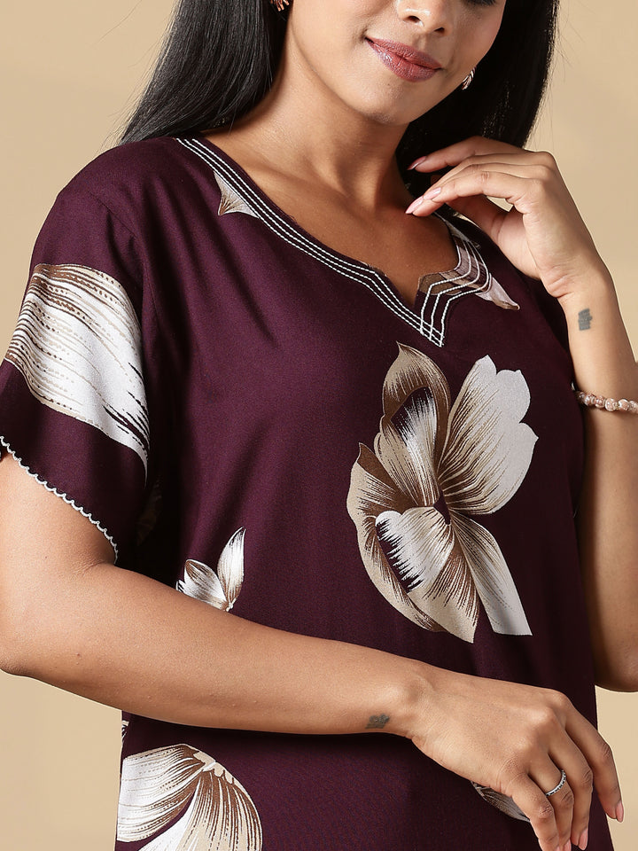 Deep Maroon Rayon Fabric Best Floral Nighty for Women