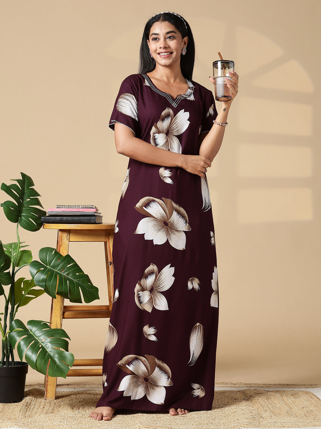 Deep Maroon Rayon Fabric Best Floral Nighty for Women
