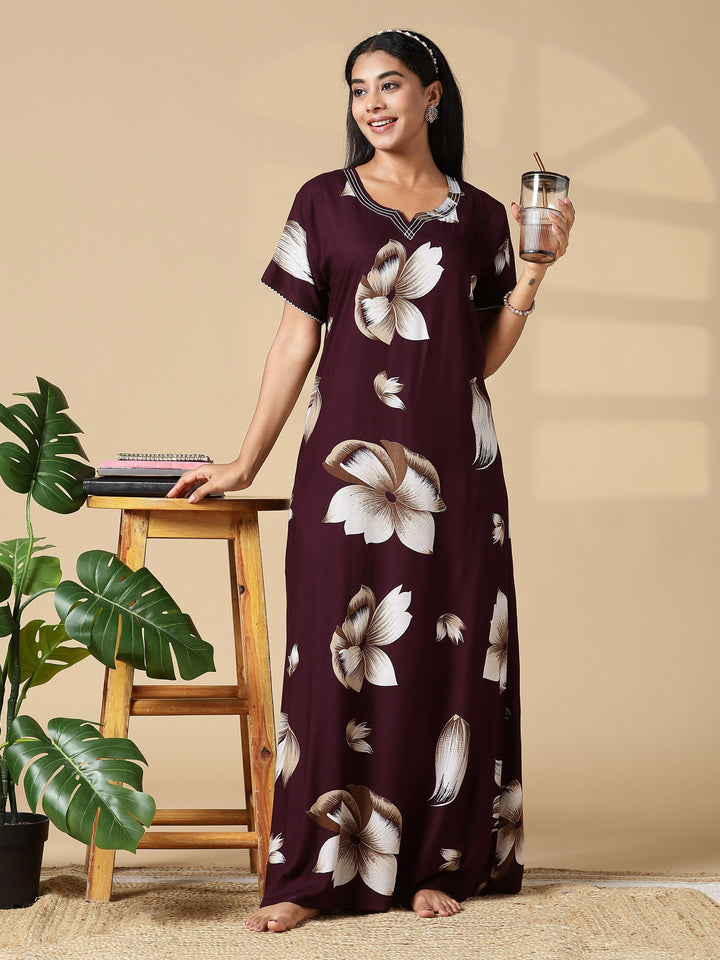 Deep Maroon Rayon Fabric Best Floral Nighty for Women