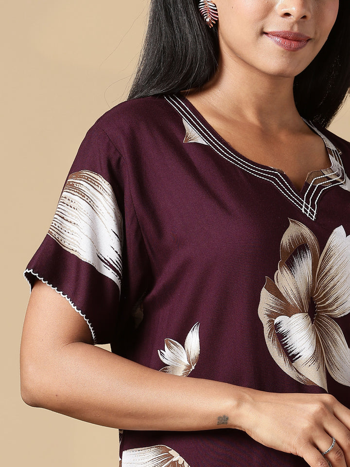 Deep Maroon Rayon Fabric Best Floral Nighty for Women