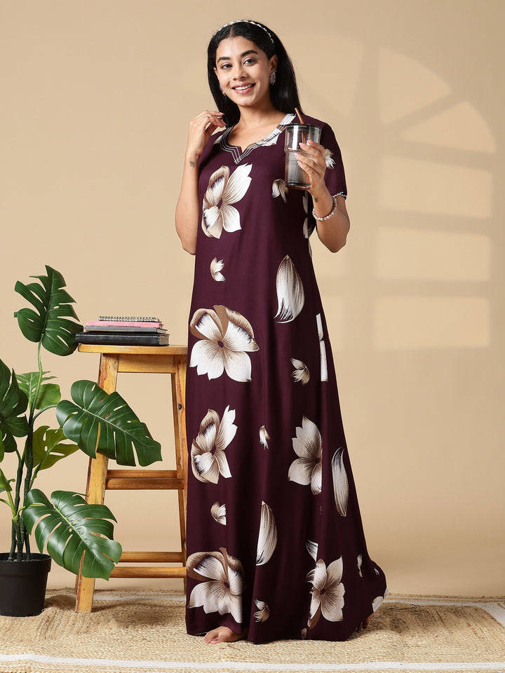 Deep Maroon Rayon Fabric Best Floral Nighty for Women