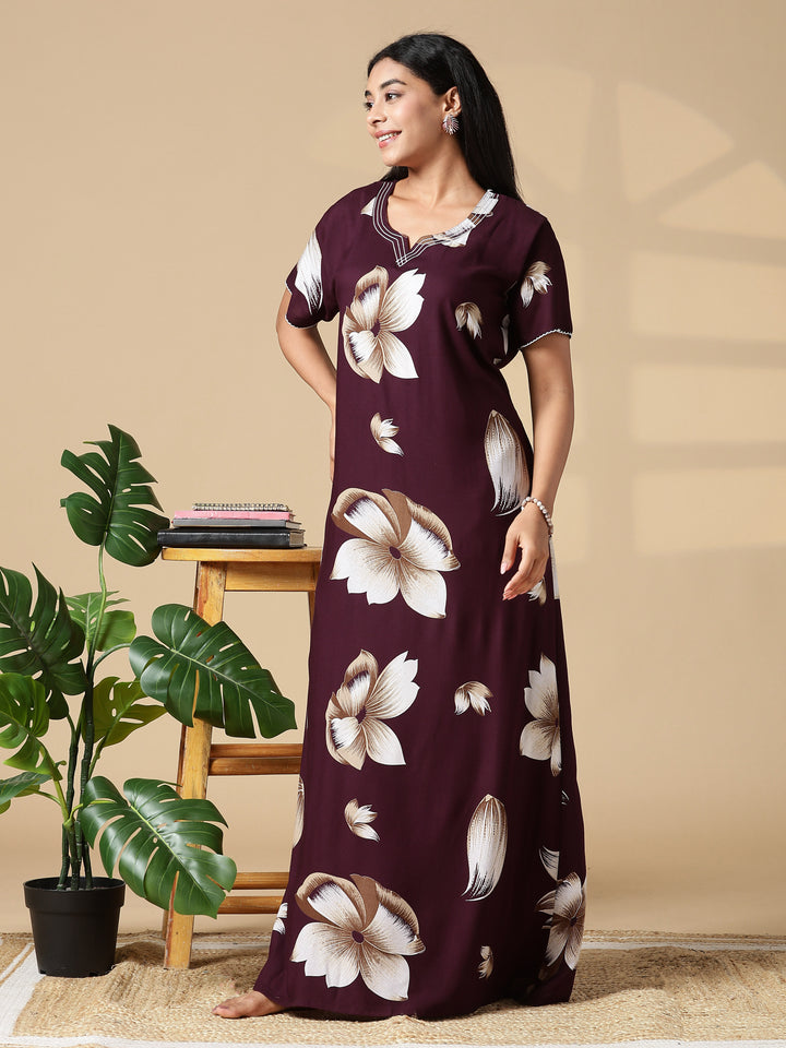 Deep Maroon Rayon Fabric Best Floral Nighty for Women