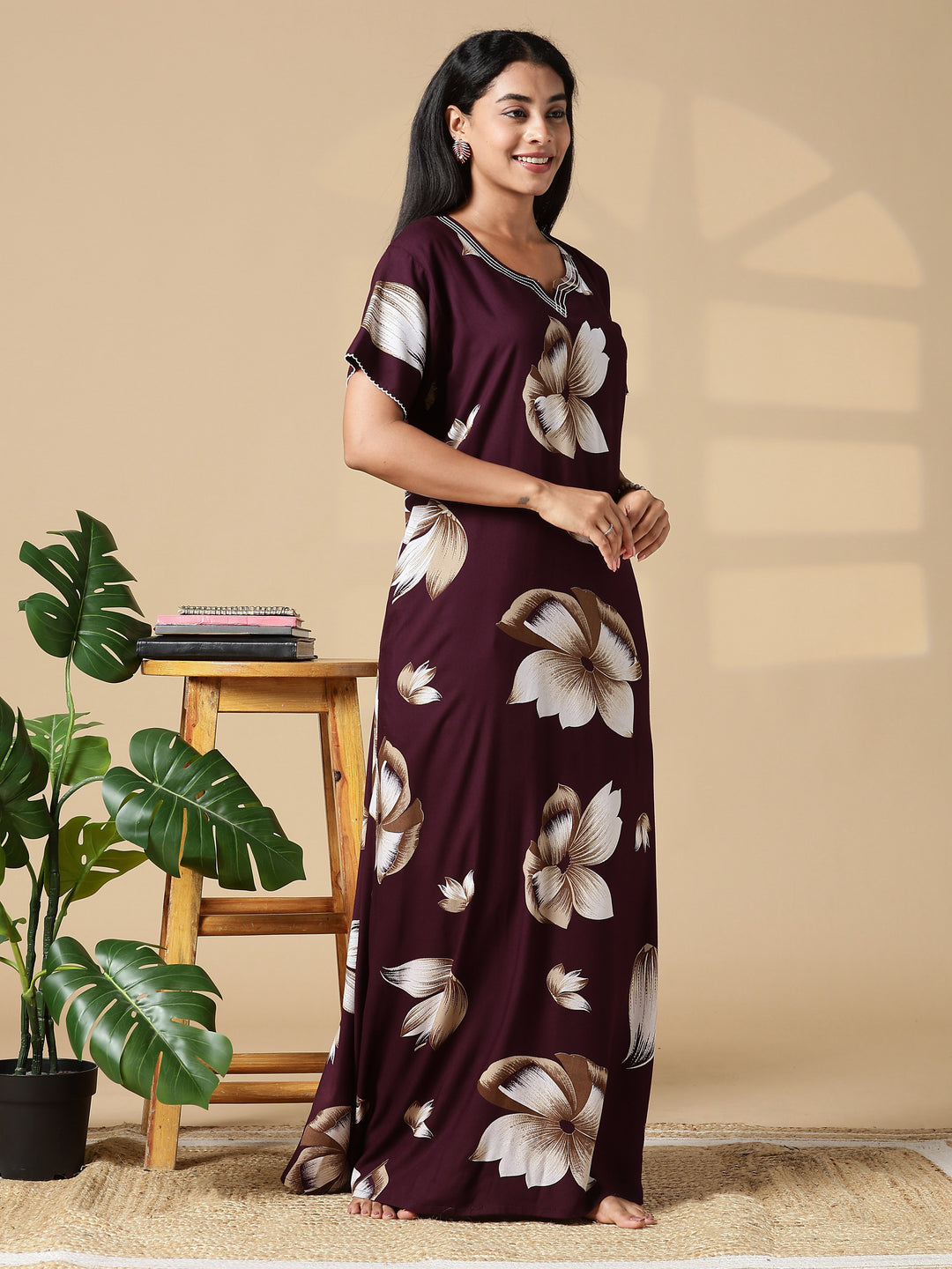 Deep Maroon Rayon Fabric Best Floral Nighty for Women
