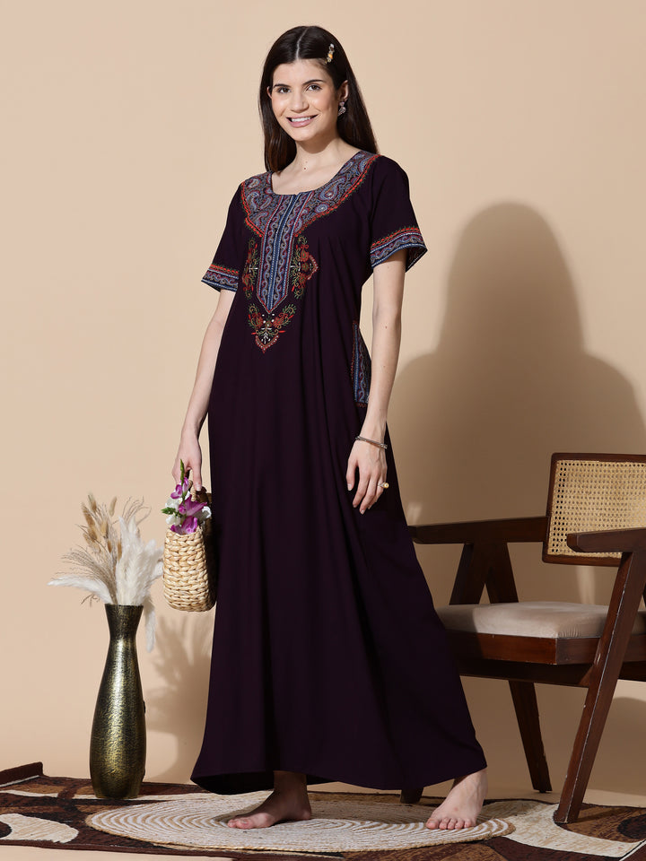 Deep Wine Embroidered Full Length Nighty for Women