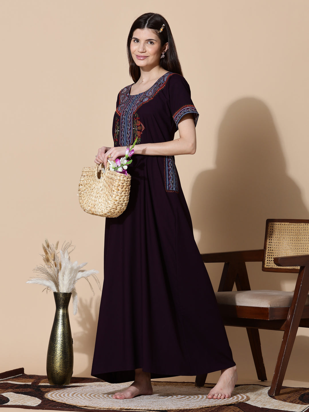 Deep Wine Embroidered Full Length Nighty for Women