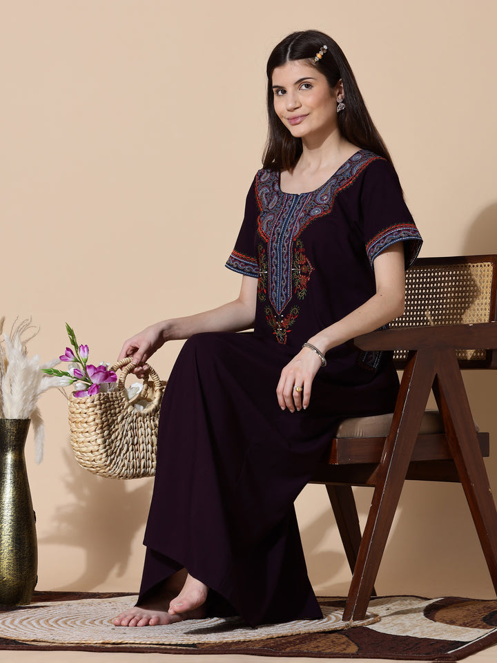 Deep Wine Embroidered Full Length Nighty for Women