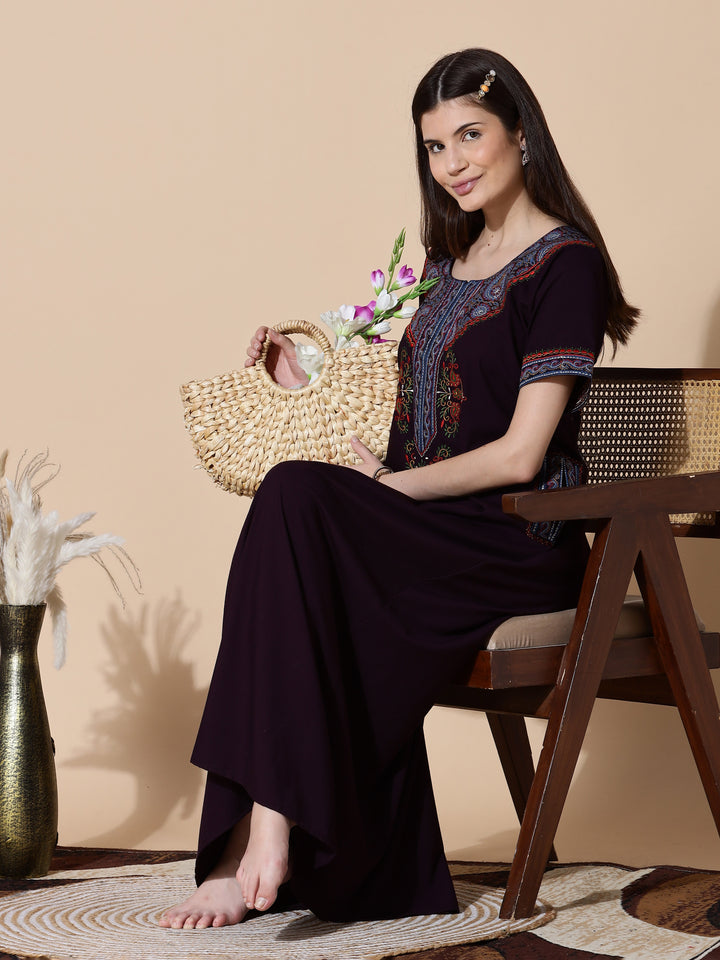 Deep Wine Embroidered Full Length Nighty for Women