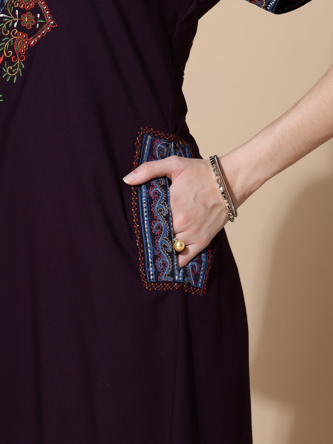 Deep Wine Embroidered Full Length Nighty for Women