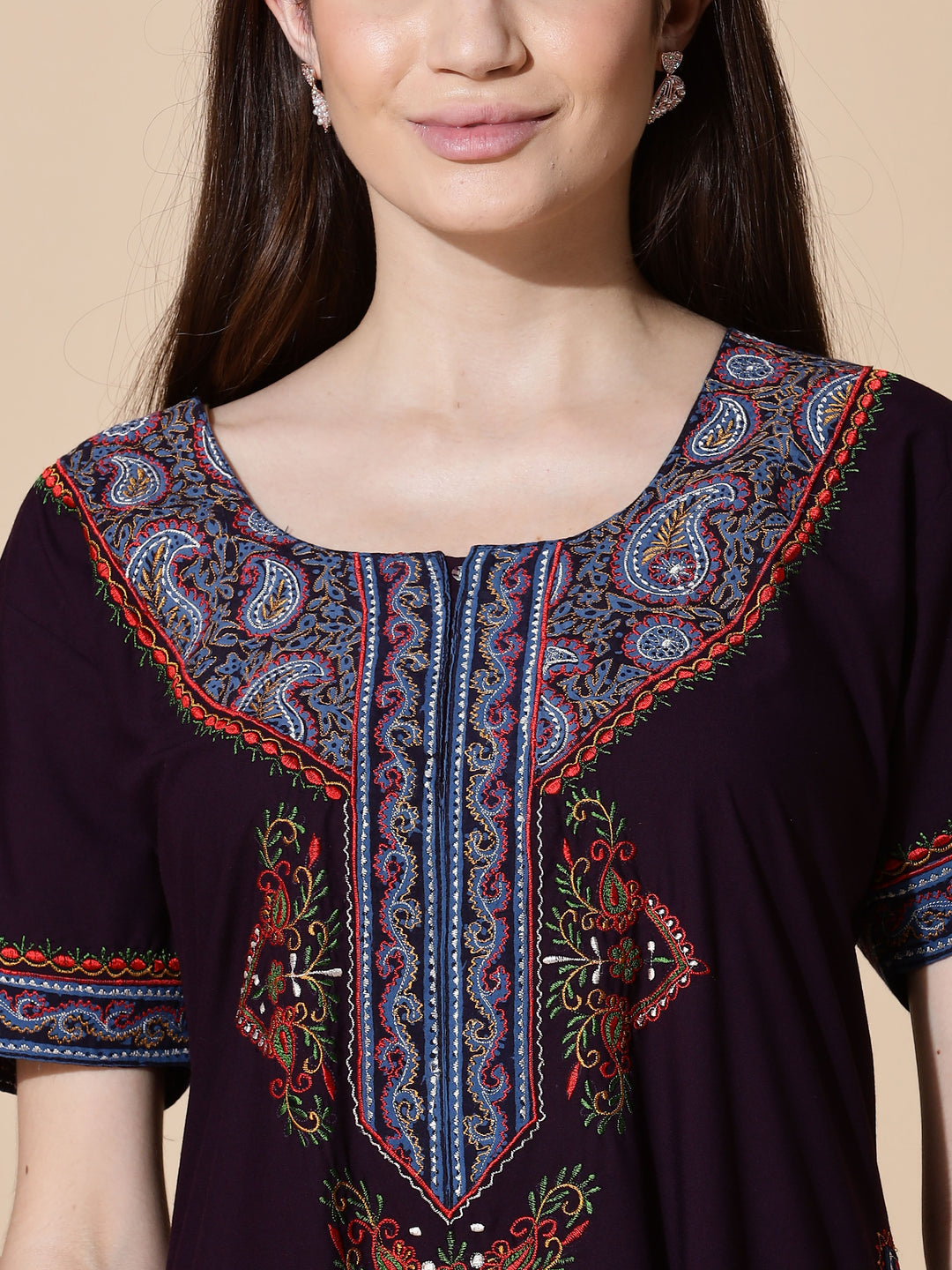 Deep Wine Embroidered Full Length Nighty for Women