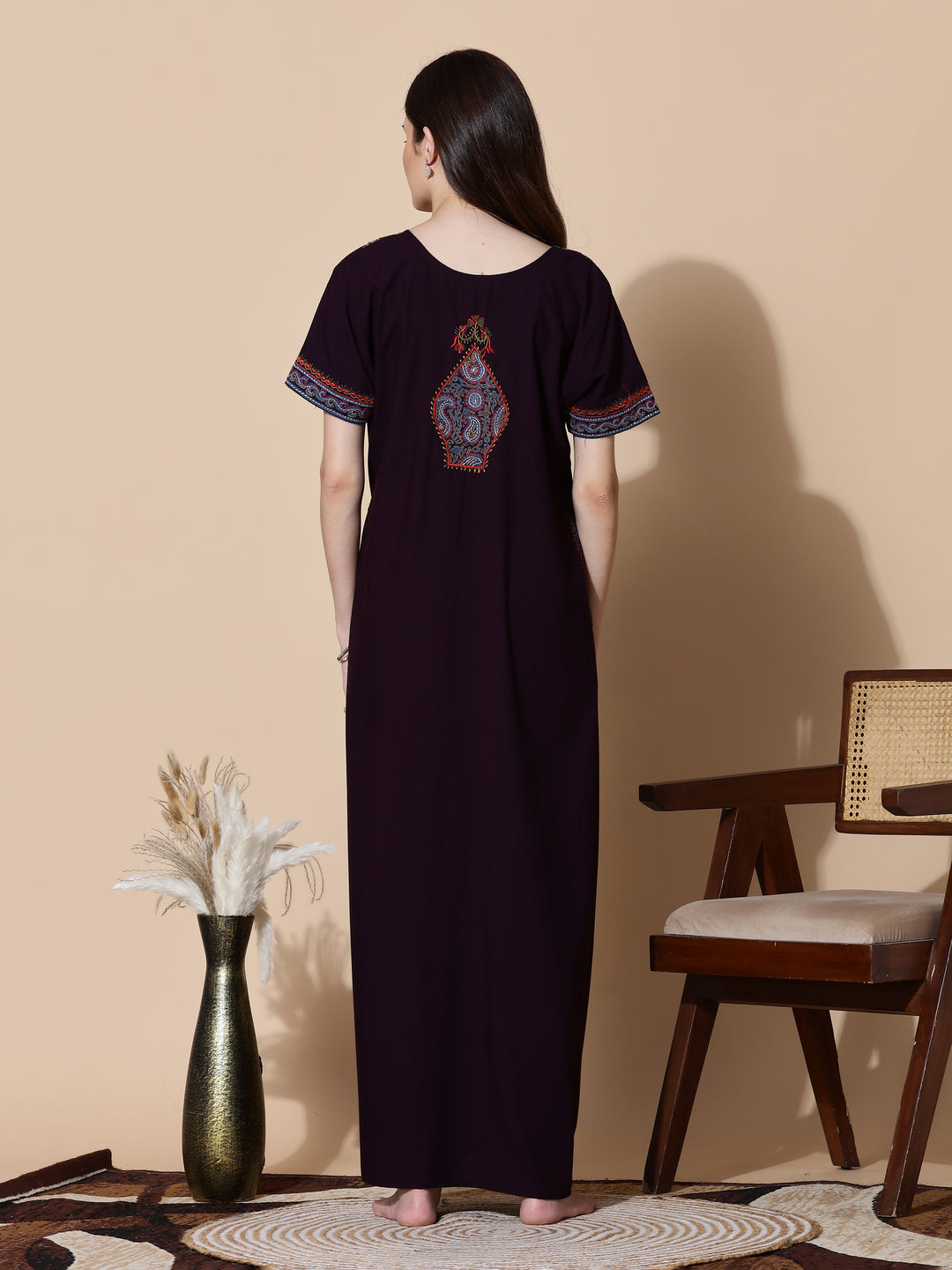 Deep Wine Embroidered Full Length Nighty for Women