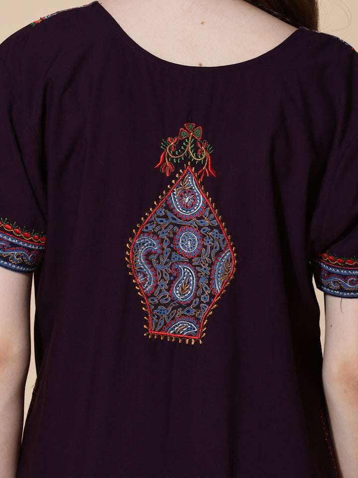 Deep Wine Embroidered Full Length Nighty for Women