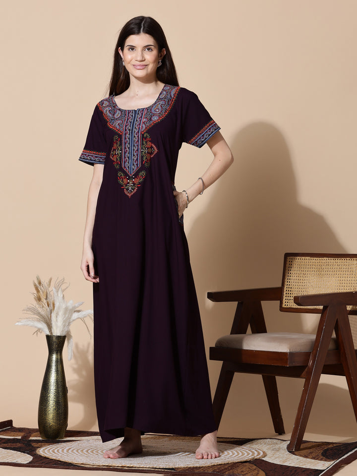 Deep Wine Embroidered Full Length Nighty for Women