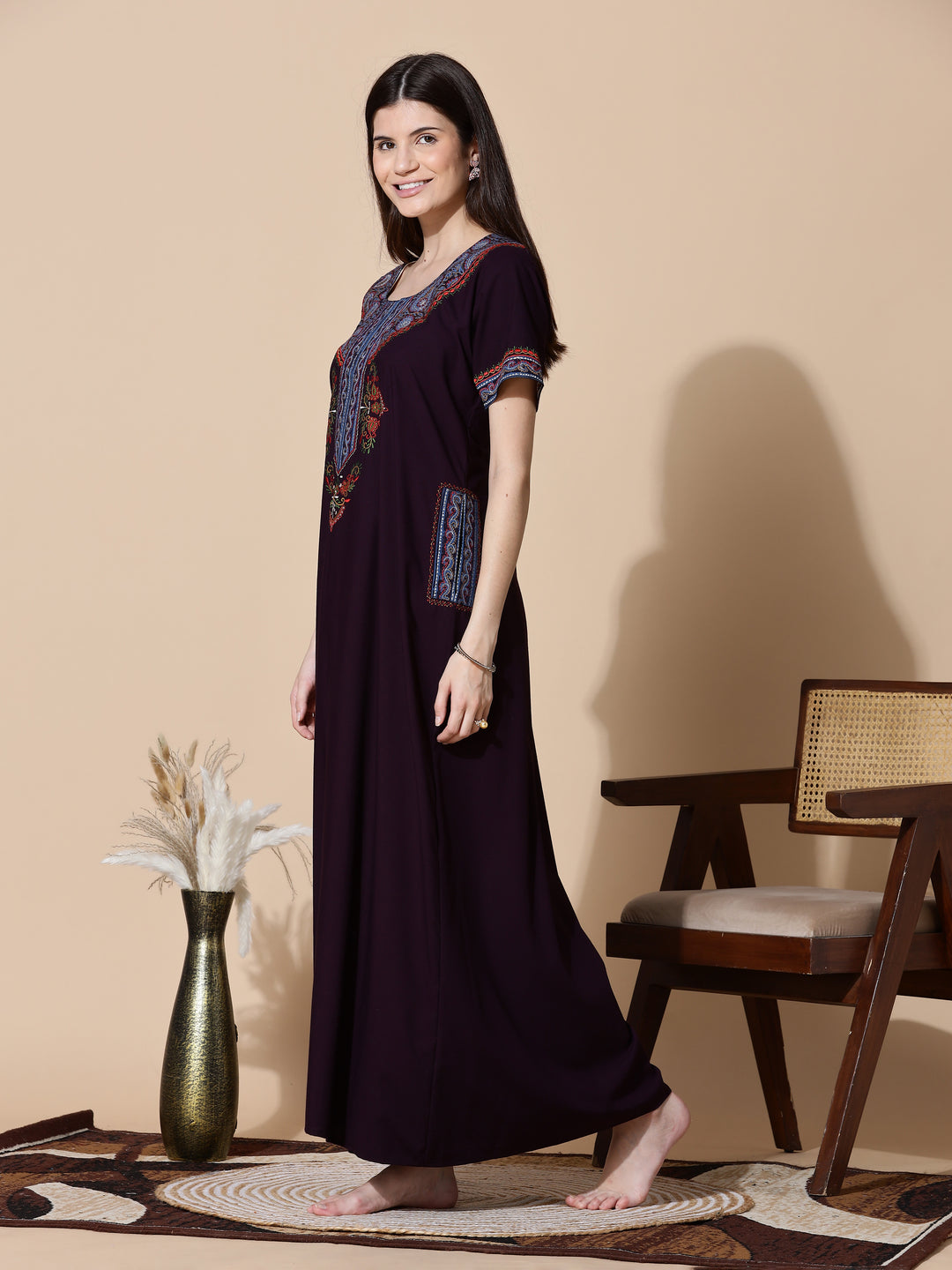 Deep Wine Embroidered Full Length Nighty for Women