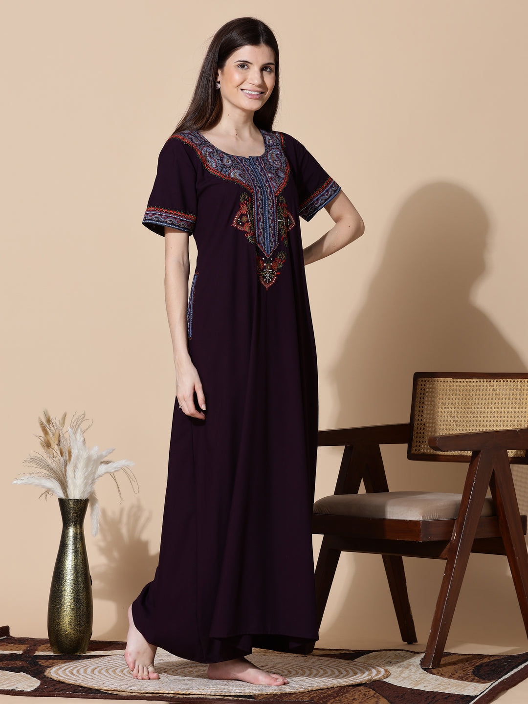 Deep Wine Embroidered Full Length Nighty for Women