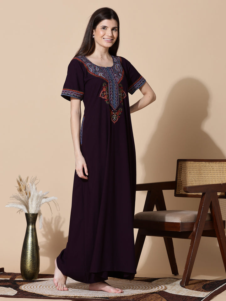 Deep Wine Embroidered Full Length Nighty for Women