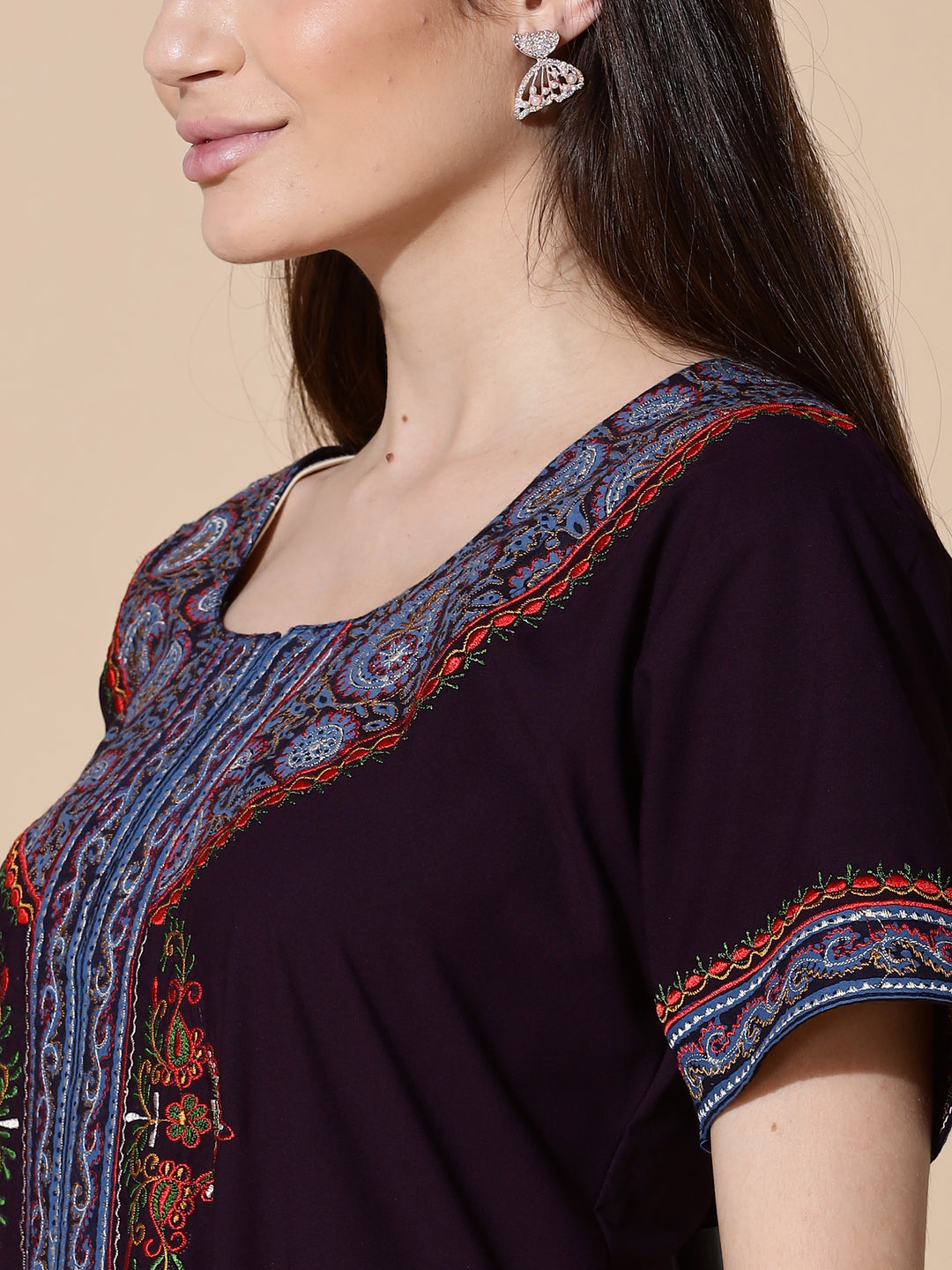 Deep Wine Embroidered Full Length Nighty for Women