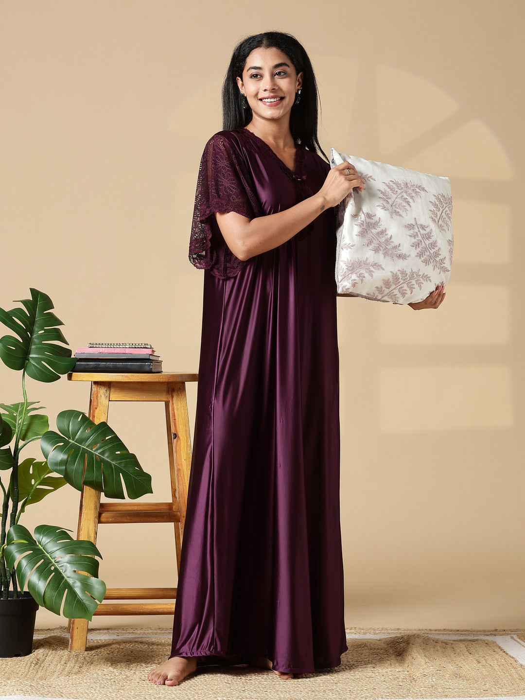 Deep Wine Purple Branded Satin Nighty for Women with Lace