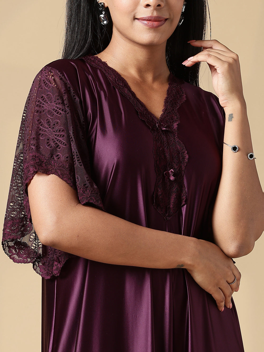 Deep Wine Purple Branded Satin Nighty for Women with Lace