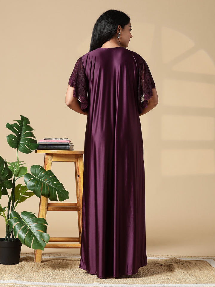 Deep Wine Purple Branded Satin Nighty for Women with Lace