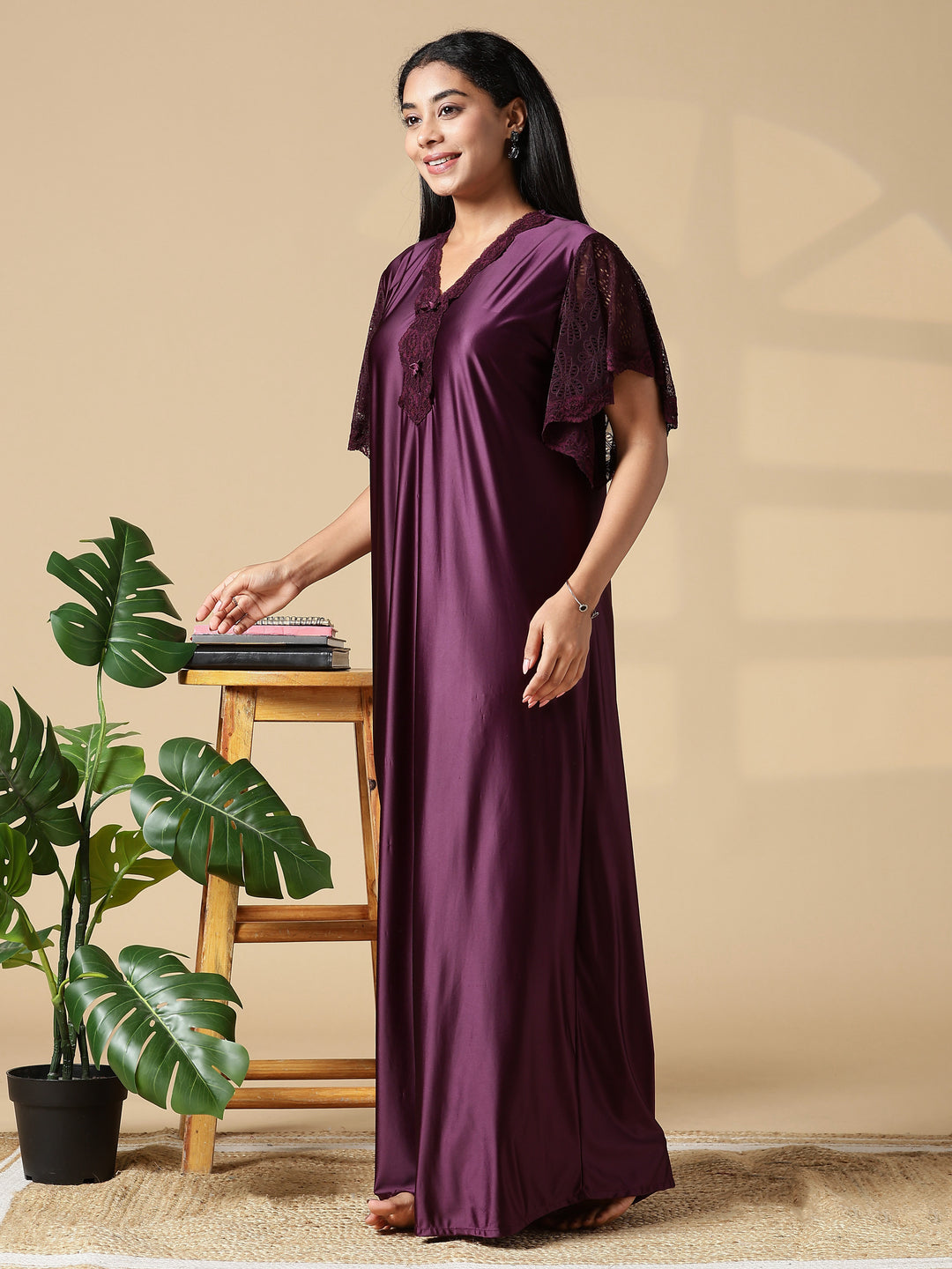 Deep Wine Purple Branded Satin Nighty for Women with Lace