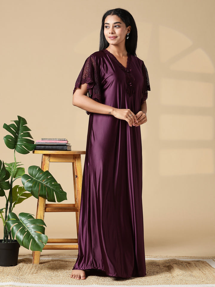 Deep Wine Purple Branded Satin Nighty for Women with Lace