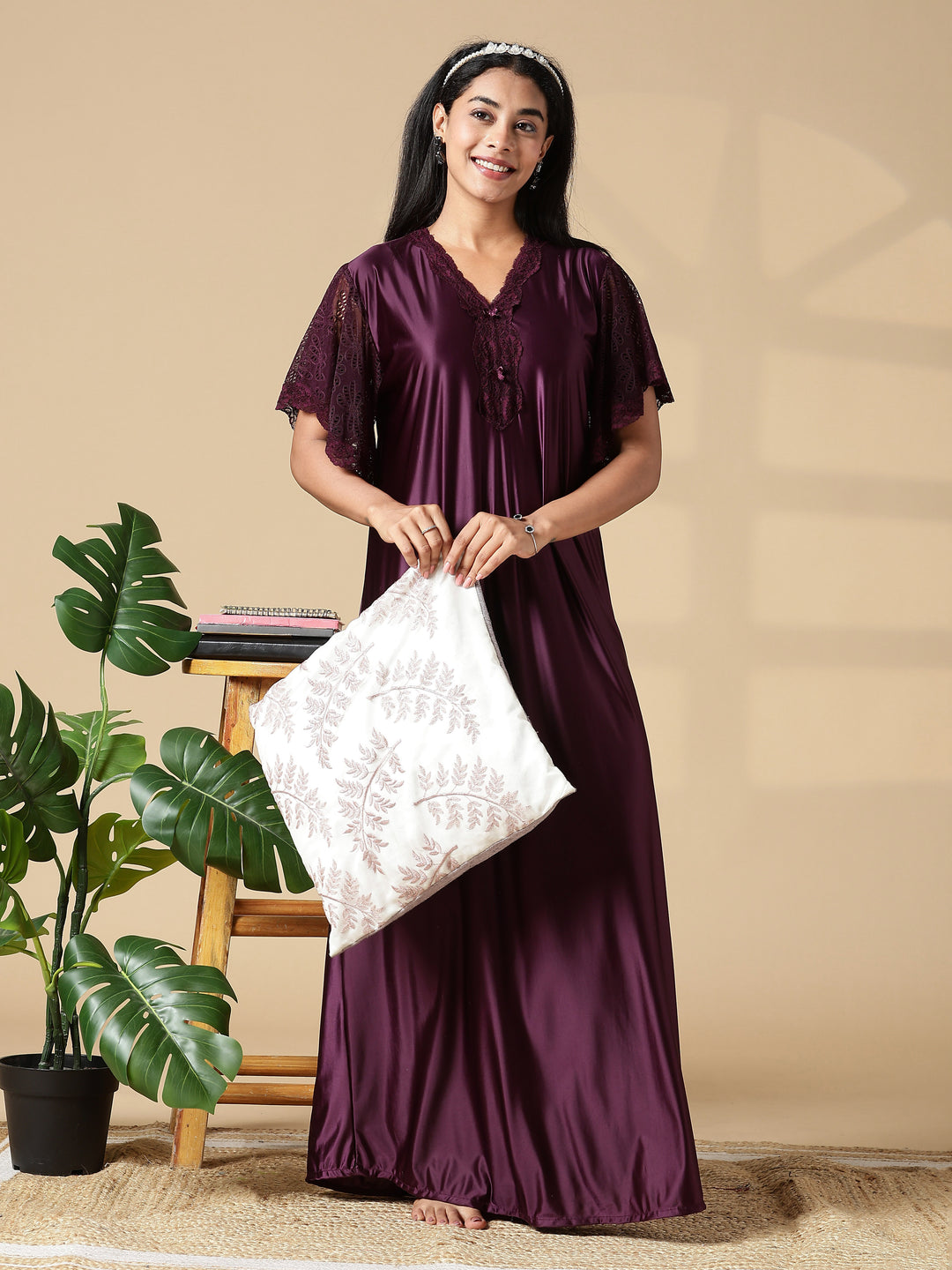 Deep Wine Purple Branded Satin Nighty for Women with Lace