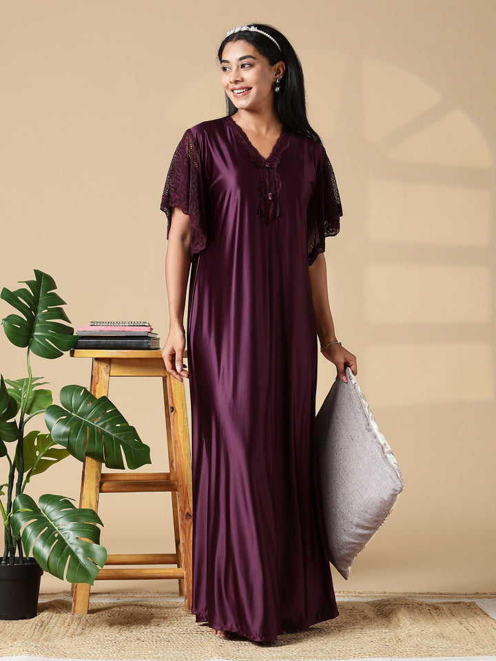 Deep Wine Purple Branded Satin Nighty for Women with Lace